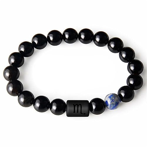LODMLOER Sternzeichen-Stretch-Armband, 8 Mm Herren-Perlenarmband, Sternzeichen-Magnetarmband, Natürlicher Schwarzer Onyx-Stein, Sternzeichen-Armband, Strand-Sommer-Schmuck, Skorpion, 20 cm
