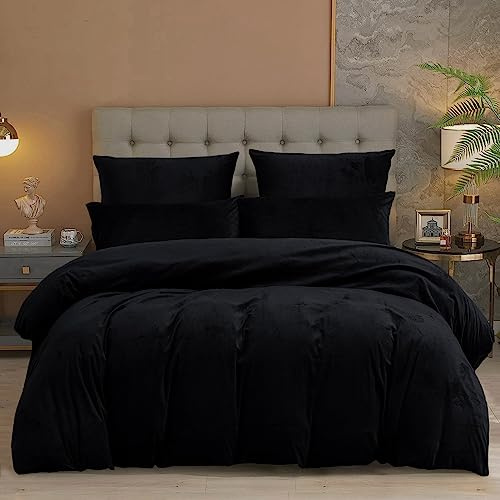 Damier Winter Bettwäsche 155x220 Plüsch Warm Schwarz Uni Einfarbig Cashmere Touch Bettwäsche Set 3 Teilig Kuschelig Flauschig Fleece Bettbezug Set mit Reißverschluss und 2 Kissenbezüge 80x80 cm