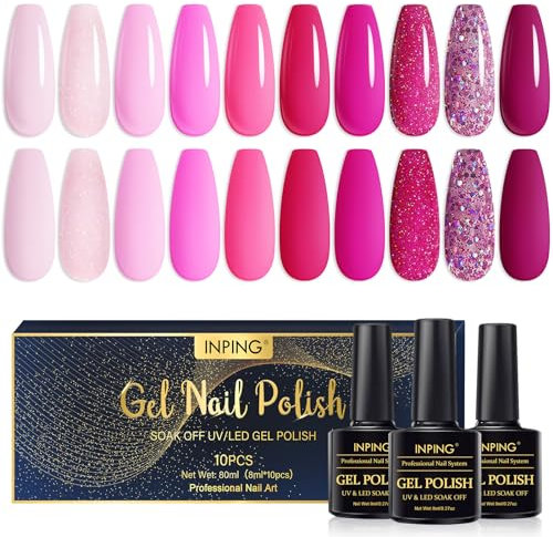 INPING Gel Nail Polish Pink, 10 Colors Neon Pink Rose Light Pink Peach Purple Pink Shimmer Glitter Nail Varnish Set Soak Off UV LED DIY Salon Manicure Set for Women, Long Lasting