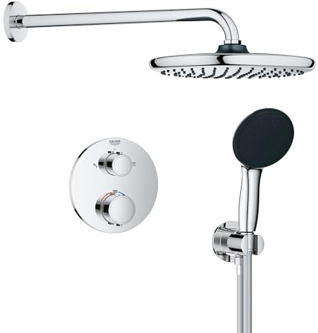GROHE Precision Round - Concealed Shower System with 2 Outlets Thermostat (25 cm Round Head Shower 1 Spray, 11 cm Round Hand Shower 2 Sprays, Shower Hose 1.5 m, Circular Trim), Chrome, 34883000