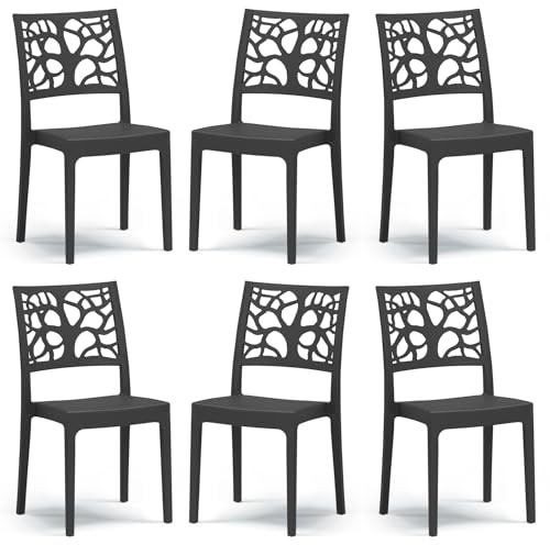 Set 6 sedie in polipropilene TETI, MADE IN ITALY, impilabile, idrorepellente, resistenza raggi UV, design moderno albero della vita per sala da pranzo, cucina, bar, ristoranti, esterno (Ghisa, 6)