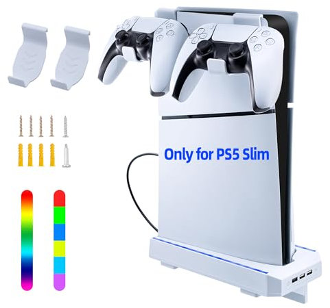 Tolesum RGB Wandhalterung für PS5 Slim Konsole,Tragkraft bis10 KG Wandhalterung Ständer mit Headset Halter & 3 USB Hubs für Controller Ladestation,Halterung Wand für Playstation 5 Slim Disc & Digital