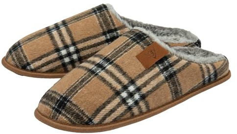 DUNLOP Mens Slip On Mule Slippers Check Design Faux Fur Lined UK Size 7-12 | Memory Foam Plush House Slippers Breathable Indoor Outdoor Shoes