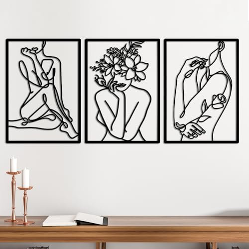 3 decorazioni artistiche da parete in metallo, colore nero, arte moderna da parete per camera da letto, astratta, silhouette femminile, opere d'arte per pareti, pareti minimaliste, decorazione