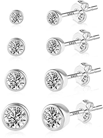 Small Stud Earrings for Women, ASH'S CHOICE 925 Sterling Silver Stud Earrings with Cubic Zirconia Round Ball Studs 3/4/5/6 mm Cartilage Piercing Sterling Silver Earrings Set Studs for Women