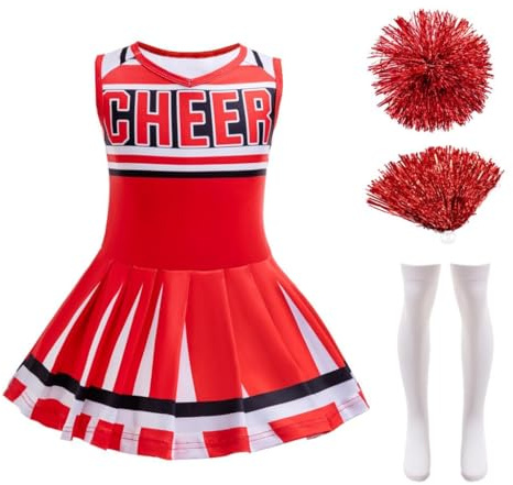 Lito Angels Deguisement Costume Tenue de Pompom Girl Cheerleader avec Pompons et Chaussettes pour Enfants Filles Taille 9-10 ans, Rouge
