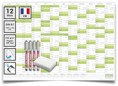 Calendrier mural effaçable 2026 DIN B1 100x70 cm – lot de 2 planners annuels réinscriptibles laminés, enroulés – avec 8 marqueurs et 2 éponges – version française – Kalenderoutlet®