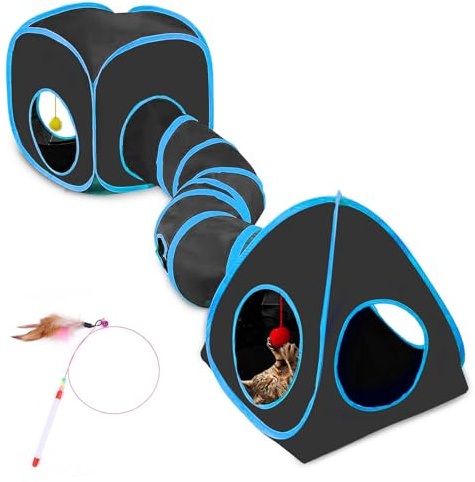 Cat Tunnels for Indoor Cats with Tent Cube and Feather Toy Collapsible Combo, Pop Up Cat Play Tunnel with Interactive Cat Toy Ball for Kitten, Ferret, Puppy, Guinea Pig, Rabbit, Bunny, Blue