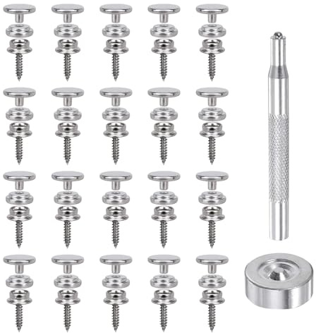 Lot de 20 Boutons Pression Métalliques à Visser en Acier Inoxydable, 15 mm Bouton Pression à Visser en Acier Inoxydable avec 2 Outils de Fixation pour Toiles, Meubles, Bateaux et Véhicules