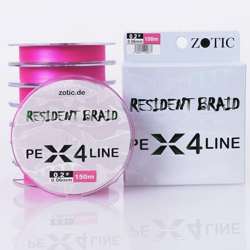 Zotic Resident Braid Fil de pêche tressé PE X4/X8 4 fois, 4 brins, pour caster et canne à pêche, accessoires de pêche professionnels, 100 m, 150 m, 300 m (X4 rose, 150 m, 0,10 mm - 5,1 kg)