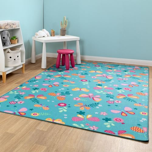 Steffensmeier Kinderteppich Sophia Rechteckig | für Kinderzimmer | Spielteppich | Schmetterling Türkis, Größe: 140x200 cm