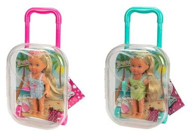 Simba Evi Love Travel, 2fach Sortiert, es Wird nur EIN Artikel geliefert, Spielpuppe im rollenden Koffer, sie trägt einen Badeanzug mit Rüschen inkl. Sonnenbrille und EIS, 12cm, ab 3 Jahren