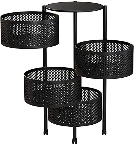 Rollwagen, drehbar, Küchenregal, bewegliches, rundes Regal, bodenstehend, mehrschichtiger Organizer für Obst, Gemüse, Snacks, Schwarz, 4 Etagen