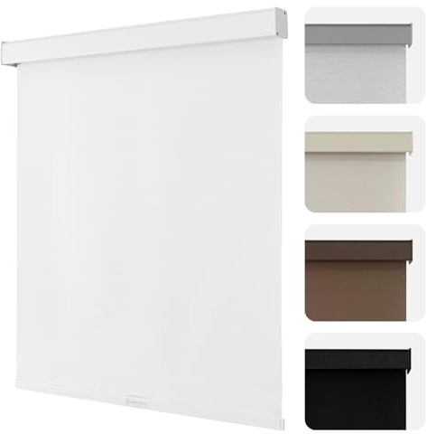 Joydeco 100% Blackout Roller Shades Cordless Blinds for Windows, Free-Stop Shades, UV Protection, Natural Woven Blinds for Home and Office, Light-Proof Aluminum Cover (34.5 W x 75 H, White)
