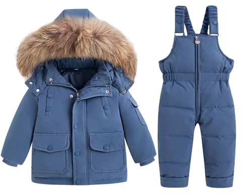 Unisex baby barn två delar skidkläder vinter varm puffer snödräkt jacka fuskpäls huvtröja ytterkläder kappa med snö ner haklapp overaller byxor 1-5 år, BLÅ, 2-3 År