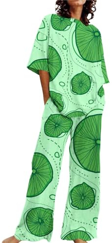 Unterkleid Damen -Outfits für Damen, 2-teiliges Set aus Baumwollleinen, übergroße T-Shirts und gerade geschnittene Hose, Trainingsanzug in Übergröße Frauen Schlafanzug Sexy Set Sexy (Green, L)