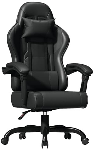 JUMMICO Massage Gaming Stuhl, Bürostuhl Ergonomisch mit Lendenwirbelstütze, Computerstühle Racing Bürostühle Gaming Sessel,Schreibtischstuhl 150kg Belastbarkeit, DunkelSchwarz
