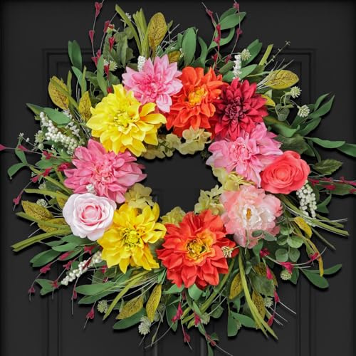 24 Dahlia Spring Summer Wreath for Front Door Outside, Peony and Rose Artificial Flower Wreath with Green Leaves, Bright Colorful Farmhouse Floral Decor for Porch Wedding Indoor Outdoor