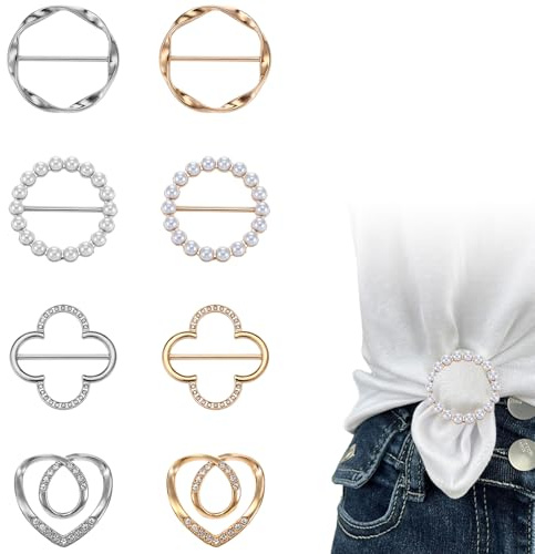 ElevateTech Lot de 8 boucles à paillettes pour t-shirt, clip, boucle, écharpe, anneau, mode, coin, nœud, pour femme, en métal, rond, pour chemise, boucle de ceinture