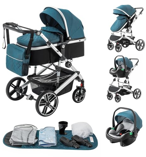 Zkiprm - Cochecito 3 en 1, sistema de viaje con asiento de coche, cochecito y capazo, asas ajustables en altura, mosquitera, forro lluvia, cochecito de gran capacidad con chasis de aluminio, color