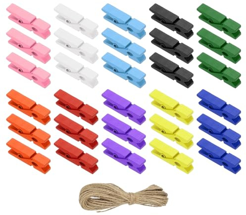 PATIKIL 1.4 Mollette per Bucato, 100Pz Mollette in Legno Colorate con 32Ft con Spago di Iuta Clip per Foto Presa Forte per Appendere Foto, Vestiti, Artigianato Decorativo, Multicolore