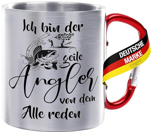 CreaLuxe Edelstahltasse mit Karabiner - Ich bin der geile Angler von dem Alle reden - 330ml Tasse mit Gravur, Kaffeetasse, Bürotasse, Metalltasse mit Name