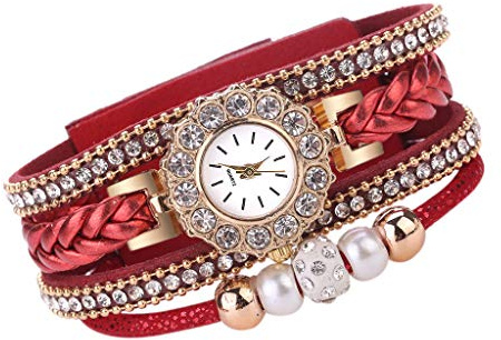 Armbandsur kvartsur vintage armband för damer vävd klocka wrap kvinnor mode damklocka paket med klockor, Röd, En storlek