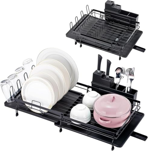 DNWTJTK Extendable Dish Rack - Large Dish Drying Rack for Kitchen Counter, Anti-Rust Dish Drains with Cup Holders,49cm x 32cm Black Multifunctional Dish Rack