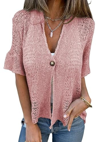 LIUYUYOUGO Cardigan Donna Elegante Cardigan Lavorato all'Uncinetto da Donna Traforato Manica Corta Aperto sul Davanti Leggero Estivo Casual Ampio Lavorato A Maglia Corto Scollo A V Maglione Top Copr