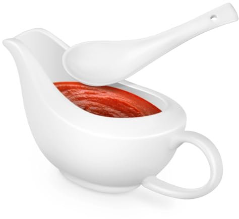 Warmhm Ceramic Gravy Boat with Ladle Sauce Container for Sauces Gravies Moderate Capacity Dishwasher Safe High Temperature Resistant for Dining Entertaining