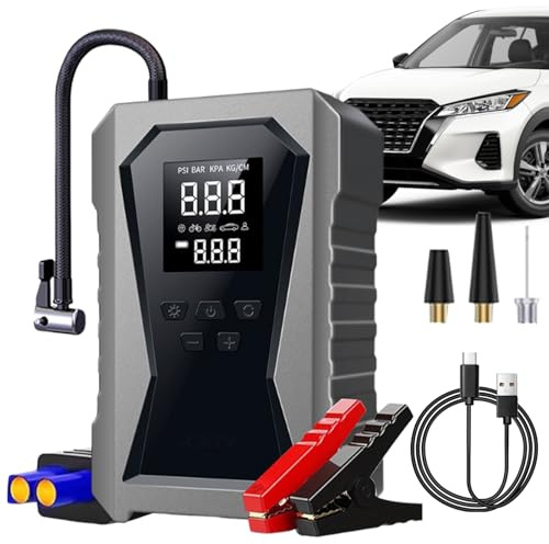 Démarreur de démarrage avec compresseur d'air, booster de batterie 12 V, 18 x 11,4 x 6,9 cm sans fil pour voiture, camion, moto, voyage, camping, aide au démarrage en cas de crise routière