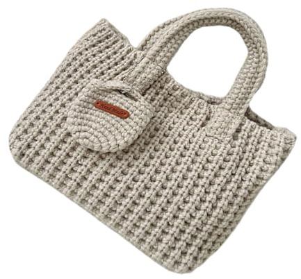 Borsa fatta a mano all'uncinetto borsa morbida in filato alla moda borse a maglia borsa con manico superiore per viaggi casual e donne alla moda morbido filato pratico, Beige, One Size