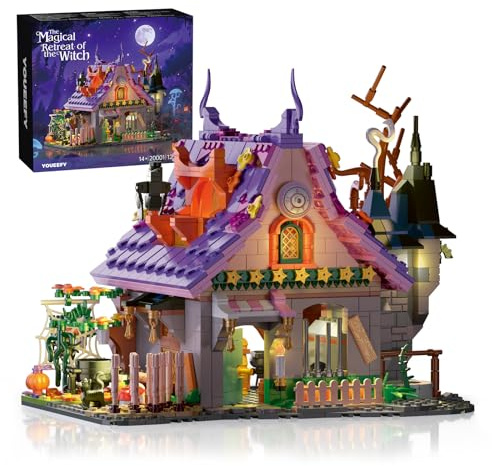 youeefy Magical Retreat of Witch 14 Bausteine + 1200 | Leuchtendes Spukhaus Modell | Gruselige Halloween-Dekoration | Geschenk für Fantasie- und Horror-Fans