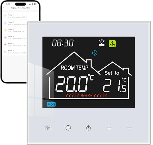 Vaconoff Thermostat Connecté WiFi pour Chauffage électrique au Sol Smart Chambre Thermostat avec Capteur,Compatible avec Tuia Alexa et Google Assistant, Numérique Contrôleur de Température Blanc 16A