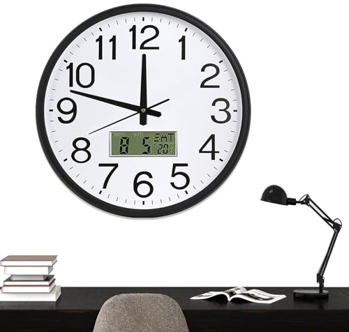 GOMETY Digitale Wanduhr Lautlos, 12 Zoll/30cm Wanduhren mit Kalender und Temperaturanzeige Modern Quarzuhr Ohne Tickgeräusche Küchenuhr für Zuhause Wohnzimmer Schlafzimmer Büro Schule (Schwarz)