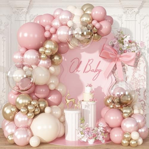 Froova Dusty Pink Balloon Garland Arch Kit, Double Stuffed Pearl Pink White and Gold Balloon Large Clear Balloons for Girls Baby Shower Bridal Shower Wedding Birthday Party Decorations