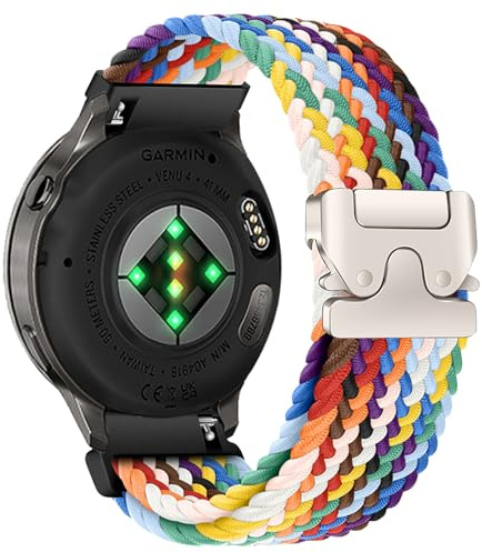 AiiBowy 18 mm flätat armband kompatibelt med Garmin Venu 4 41 mm/Venu 3S 41 mm/Forerunner 265S/255S, elastisk nylon fallskärmslås, klockarmband för Garmin Vivoactive 4S 40 mm, regnbåge