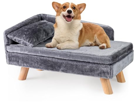 GYMAX Hundesofa, 71 x 43 x 40 cm, erhöhtes Hundebett mit weichem Kissen & Sitzauflage, Katzensofa mit hoher Rückenlehne & Holzbeinen, Haustierbett bis 30 kg für Katzen & Hunde (Grau)