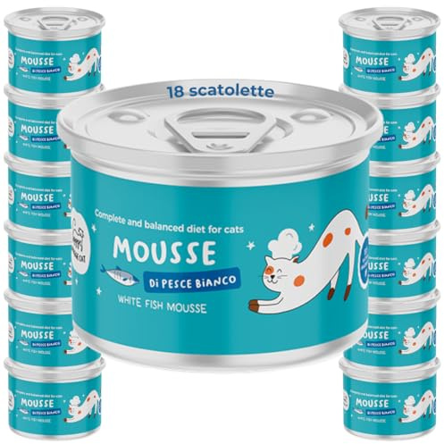 Mousse di Pesce Bianco | Cibo Umido per Gatti Adulti | Alimento Completo Gourmet | Grain Free | Con Olio di Salmone Omega 3 e Vitamine | 18x85 g Made in Italy | Hygge Cat
