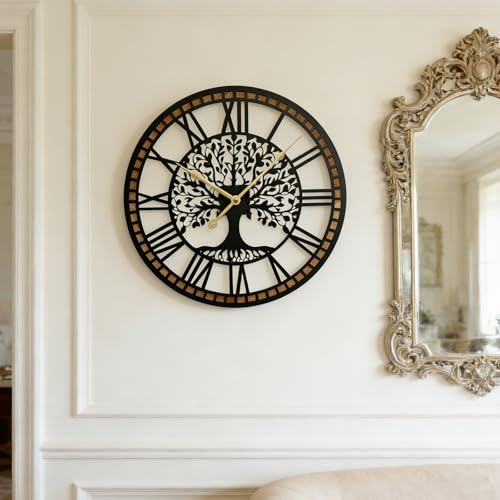 BAKENLON Orologio da parete con albero della vita, 40 cm, orologio da parete moderno, orologio decorativo creativo artistico, funzionamento a batteria, silenzioso senza ticchettio, in metallo e legno