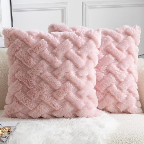 Yaertun 2er Set Dekorative Kissenbezüge dicken Plüsch Kissenhüllen aus weichem Kunst Kaninchenfell Sofakissen Couchkissen Dekokissen Zierkissenbezug für Sofa Bett und Wohnzimmer 40x40 cm Rosa