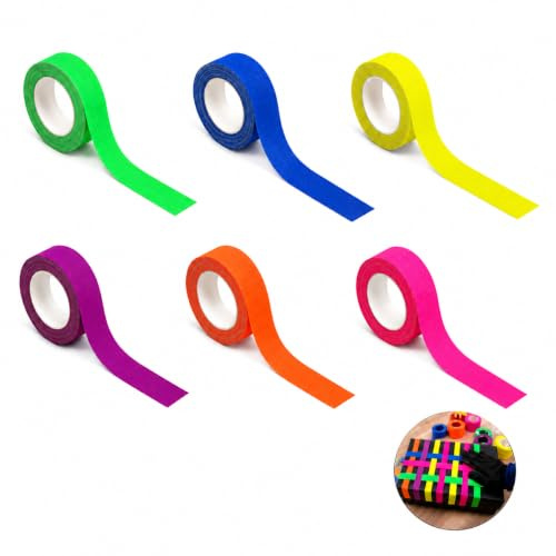 AYHYHLJZJ Lot De 6 Rouleaux Ruban Fluorescent UV Réactif,Fluorescent Sans Résidu, Accessoire Fluo Soirée pour Blacklight Party, Neon Mural Décorations, Bande Adhésive Tissée 6 Couleurs (15mm×5m)