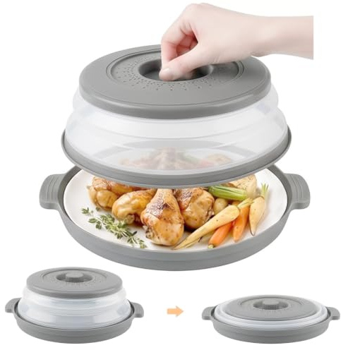 Collapsible Microwave Cover, Microwave Splatter Cover with 2X Mini Oven Mitts，1X Cleaning Towel, 3XHooks, Prevents Food Splatter, Vented Plate Guard，Kitchen Essential Gadgets for Meal Prep.