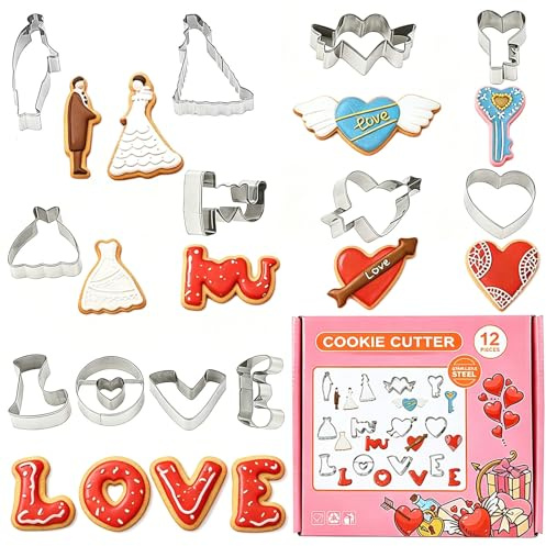 Consnew Set de 12 Cortadores de Galletas San Valentín de Acero Inoxidable, con Corazones, Vestido de Novia, Novio y Novia, Letras LOVE – Reutilizable para Aniversarios, Repostería y Fiestas