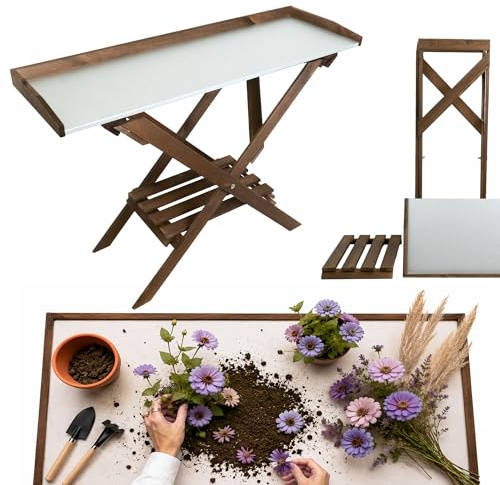 BOGATECO Pflanztisch 118 x 84 x 38cm mit Arbeitsplatte aus Metall | Klapptisch imprägnierter Blumentisch Outdoor Gärtnertisch mit Regal Gartenarbeitstisch Wetterfest