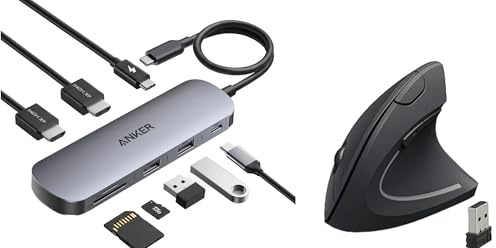 Anker Nano 8-in-1 USB C Docking Station, Dual Monitor Laptop Dock with 4K@60 Hz HDMI & 2.4G Wireless Vertical Ergonomic Optical Mouse
