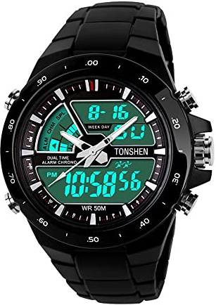TONSHEN Herren Digital Uhr 50M Wasserdicht Militär Outdoor Sport Uhren 1/100 Stoppuhr Datum Kalender Plastik Uhren Analog Quarzuhr LED Armbanduhr