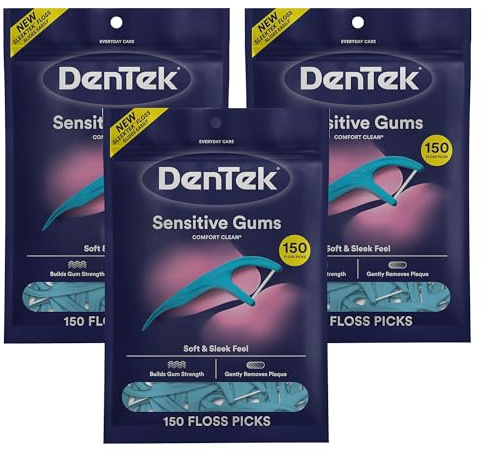 DenTek Comfort Clean Sensitive Gums Floss Picks, Soft & Silky Ribbon, 150 Count, 3 Pack