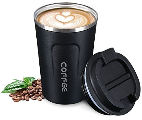 flintronic Tazza da Caffè Isolata, 380ml Tazza per Caffe da Viaggio, Bottiglia di Acciaio Inossidabile Thermos, Coffee Coppa Tazza Termica da Viaggio Ermetica per Mantenere Caldo/Freddo-13 Once, Nero…