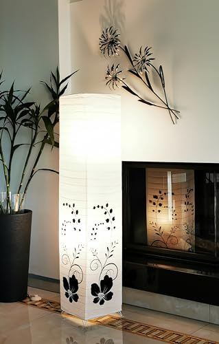 Trango 1210L Design Stehlampe *GREECE* Reispapierlampe *HANDMADE* in weiß mit floralem Motiv I inkl. 2x E14 LED Leuchtmittel I Form: eckig I Höhe: ca. 125cm I Wohnraumlampe I Stehleuchte I Reispapier